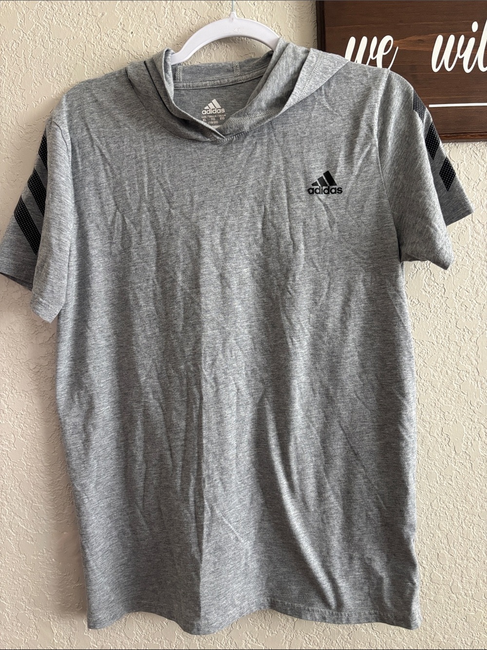 adidas Boy's Grey Hooded Short Sleeve Polo Tee with Black Logo